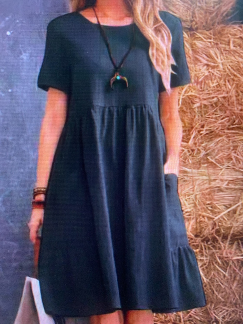 Women’s Short Sleeve Black Midi Dress with Ruffle Hem